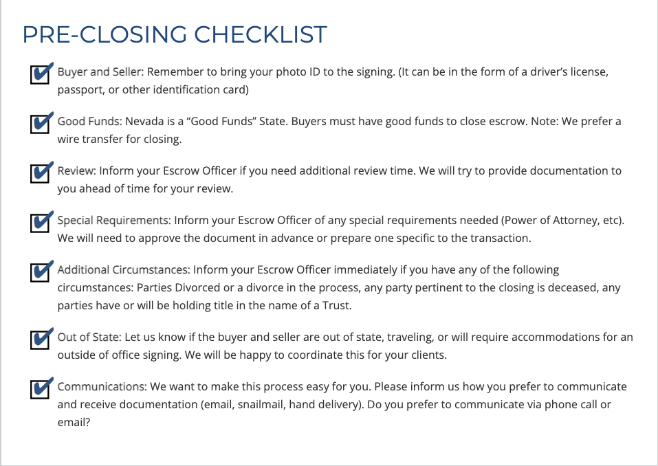 Pre-closing checklist